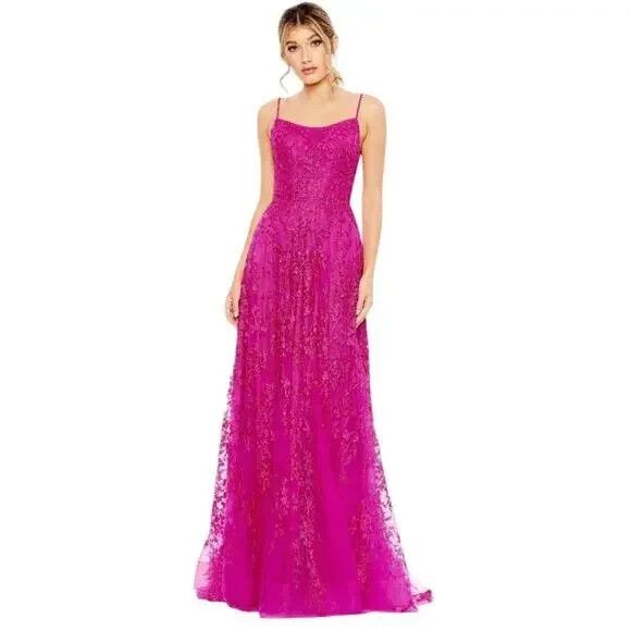 Mac Duggal New 50683 Hot Pink Floral Appliqué Cami A Line Gown Size 6 - Picture 1 of 8